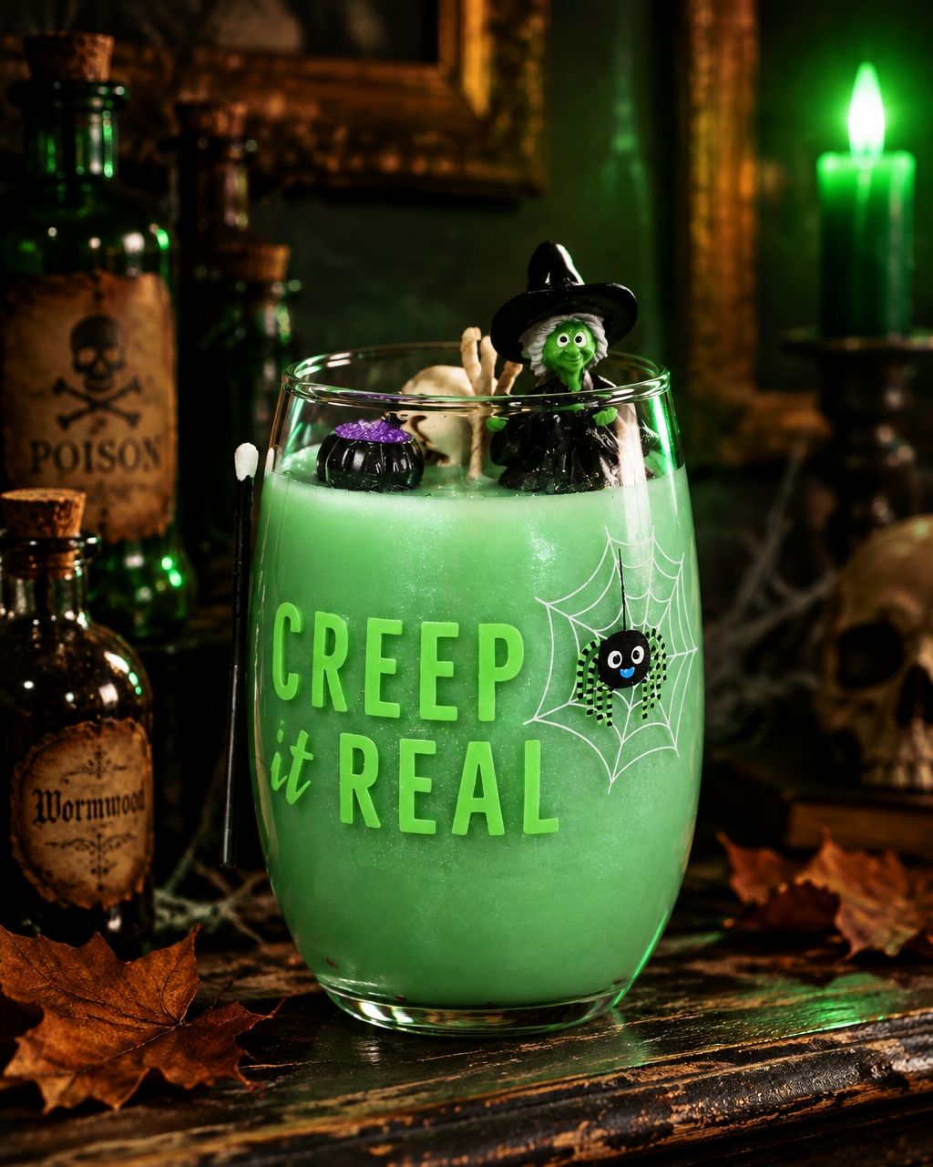 Artisan One Moon Flame Crypt Keeper Cornbread Pumpkin Wine Glass Candle