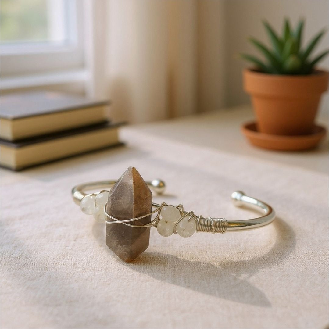 Sunstone & Moonstone Wire Wrap Cuff – 925 Over Copper – Joy & Intuition Talisman