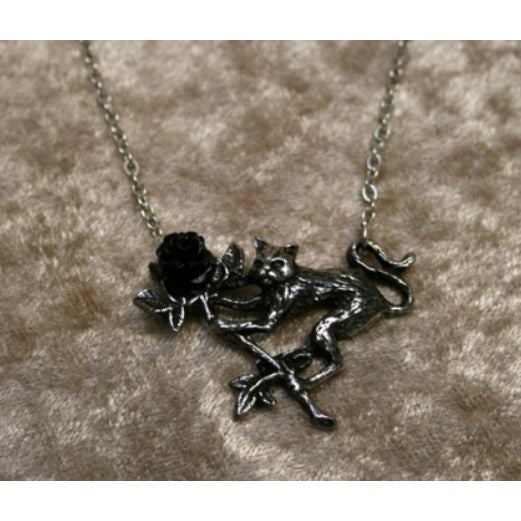 Rosenkatze Pendant Black Cat ✦ Black Rose ✦ Rare Pewter