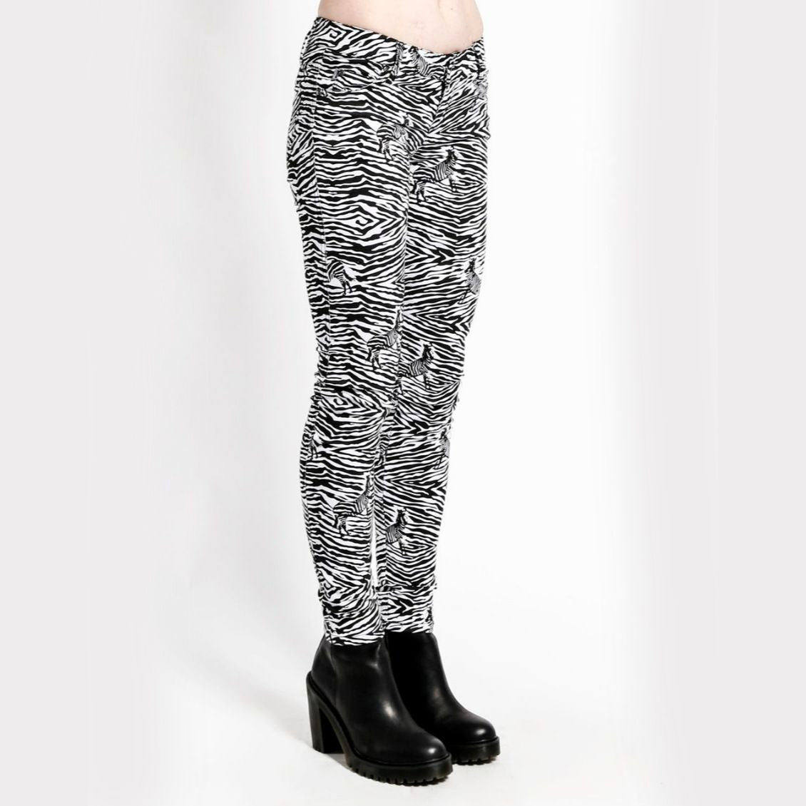 Zebra Print Skinny Jeans Womens T-Back Pockets Skull Rivets - Tripp NYC - Jeans