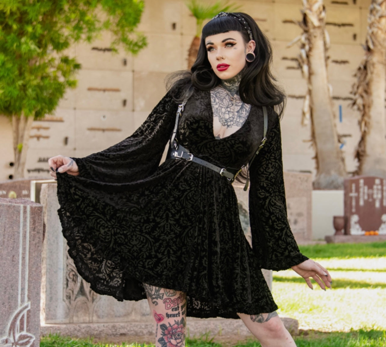 Nyx - Bell Sleeved Velvet Damask Dress with Harness - READY TO SHIP! -  - 