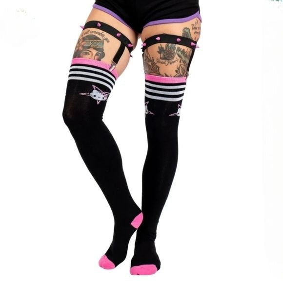 Hello Evil Kitty Thigh High Garter Socks | Spiked Garters Included - Too Fast - Thigh Highs