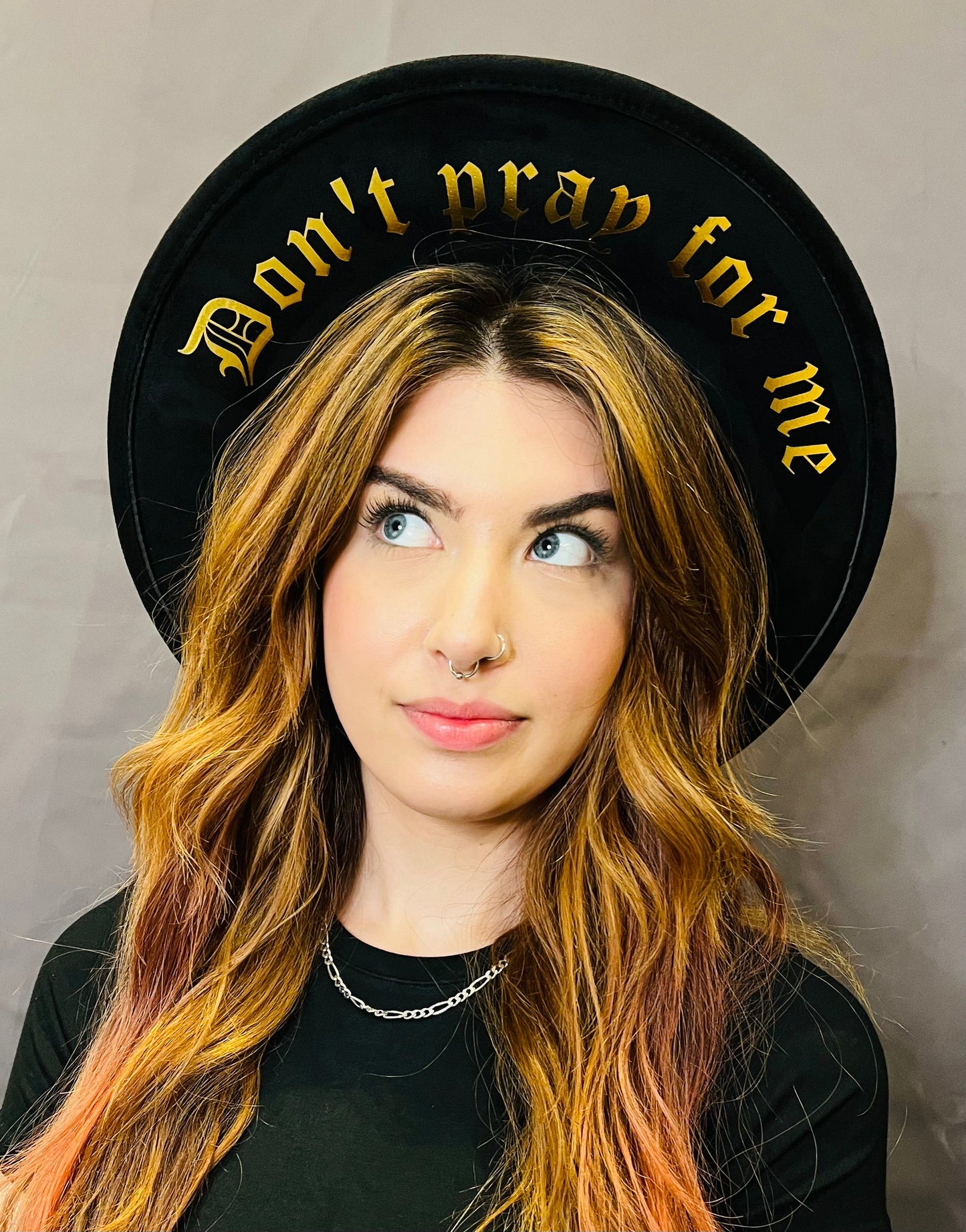 Vegan SUEDE Wide Brim Hat - XL Brim - Foiled Don't pray for me. -  - 