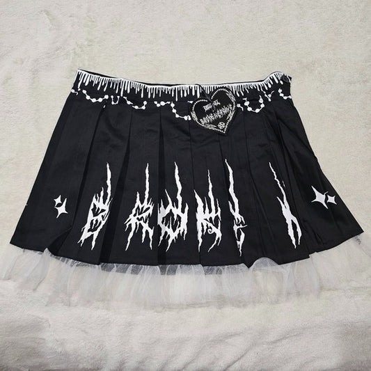Damaged Damsel Pleated Skirt | Black & White High Waist Pleated - Broken Brainz - Mini Skirts