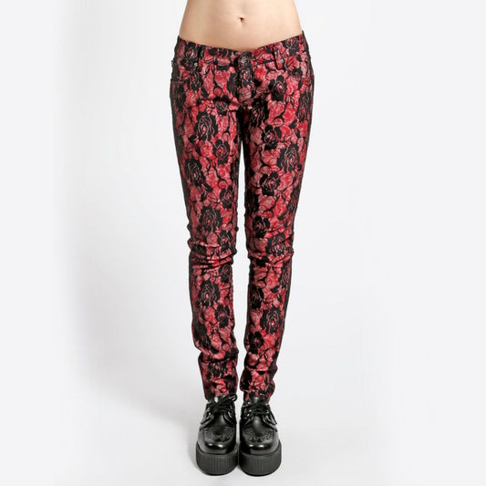 Red Lace Rose Floral Print Skinny Fit Jeans - Tripp NYC - Jeans