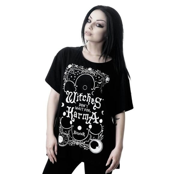 Karma Top | Oversized Scoop Neck Soft Cotton Black & White Woman's Tee - Killstar - Shirts