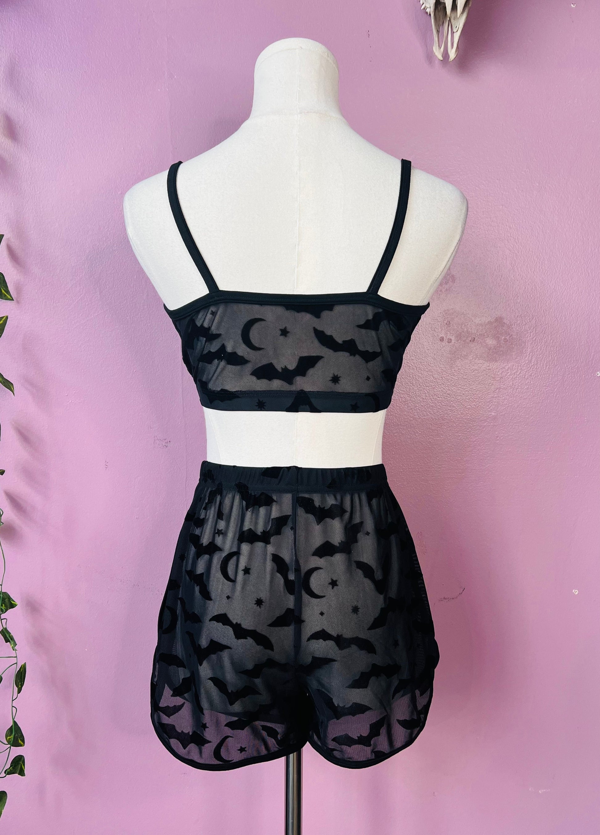 The Sinister Set - BATS - Sheer Velvet Flocked Bat Bra & Shorts Set - READY To SHIP -  - 