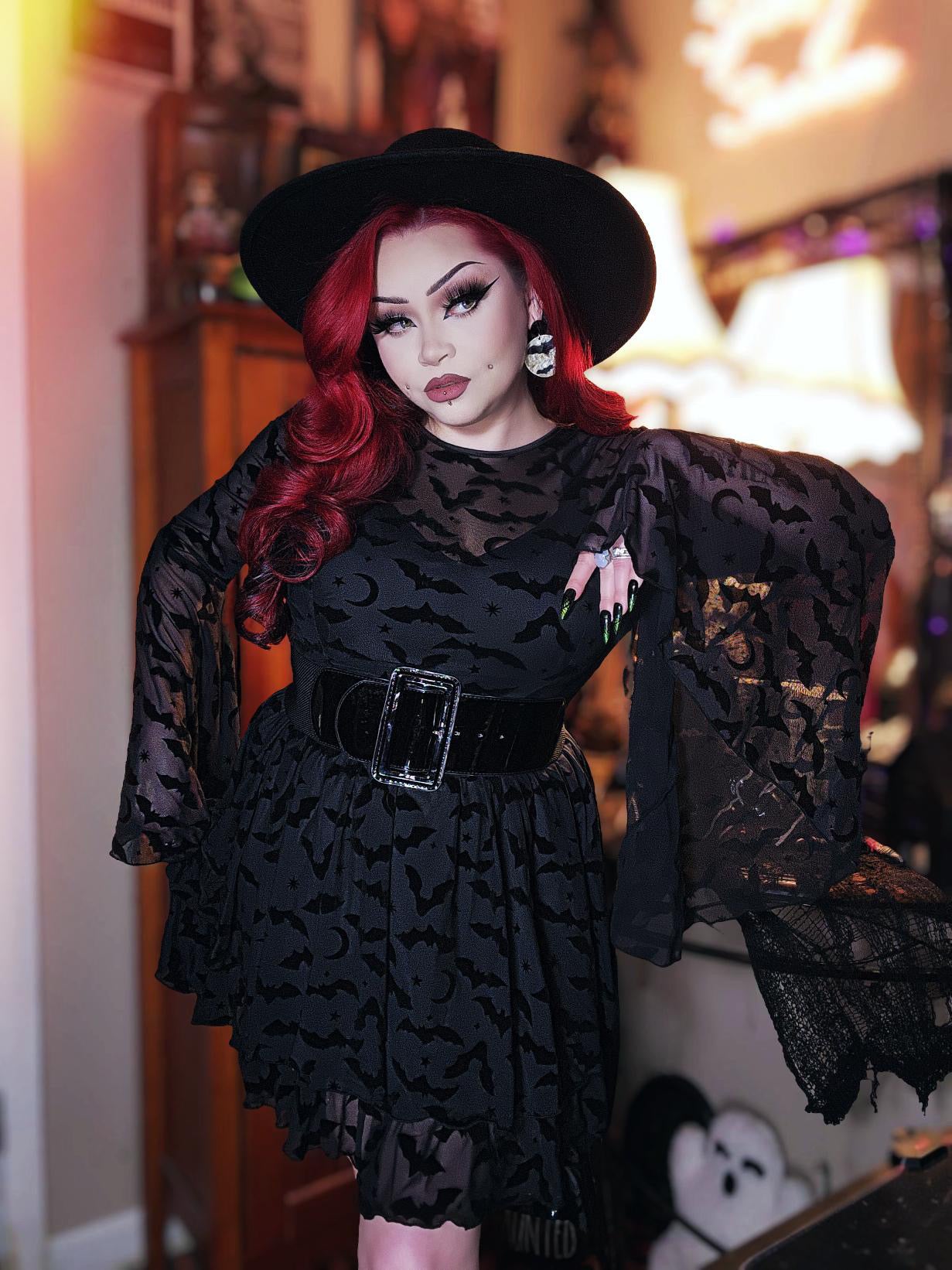 Dracuella Velvet Bat Mini Dress - Gothic Witch Dress - Bell Sleeve Witchy Dress