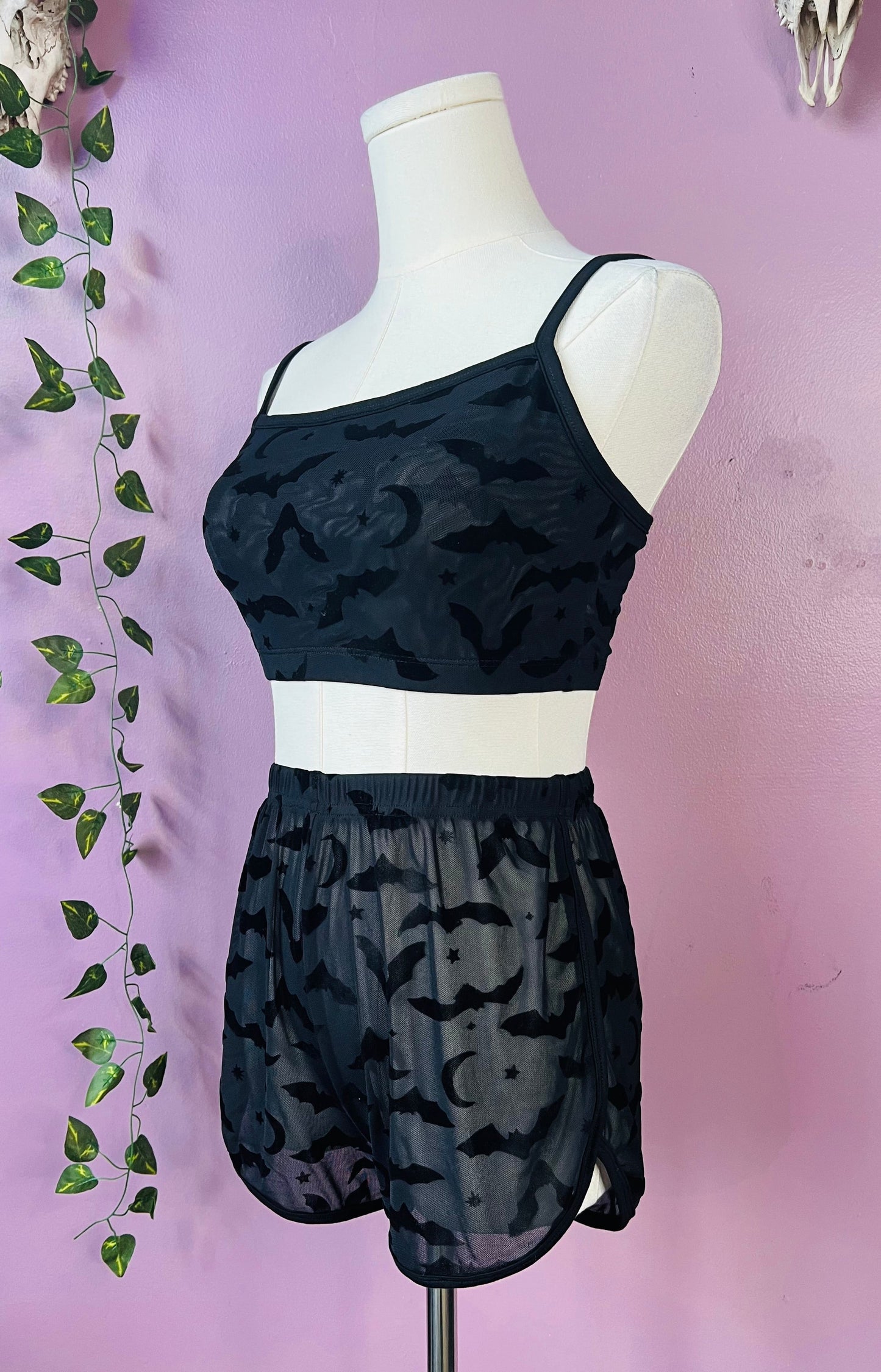 The Sinister Set - BATS - Sheer Velvet Flocked Bat Bra & Shorts Set - READY To SHIP -  - 