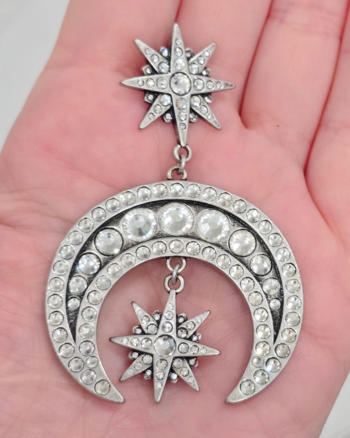 Killstar Zephirah Earring Celestial Silver Crescent Moon Crystal Star Chandelier