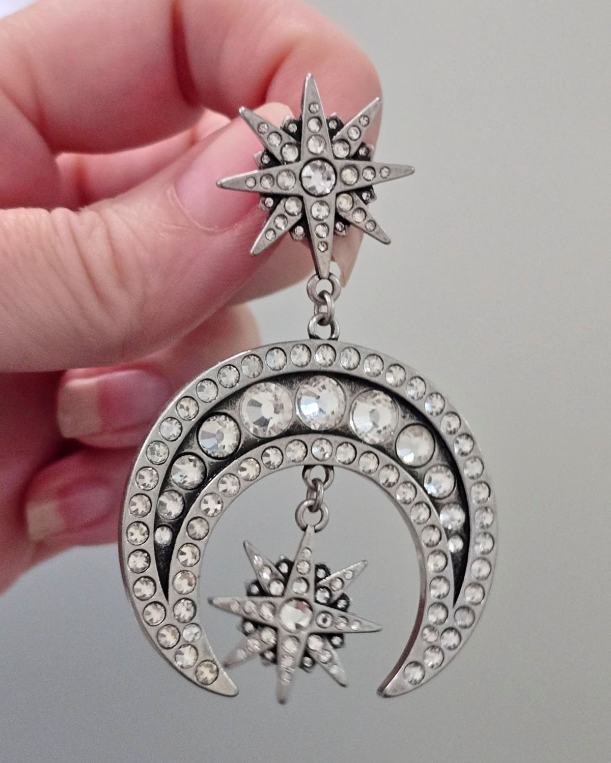 Killstar Zephirah Earring Celestial Silver Crescent Moon Crystal Star Chandelier
