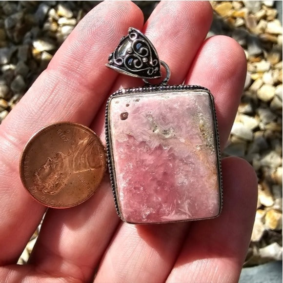 Natural Rhodochrosite Pendant | 9CTW S925 Handmade Antique Detailing Pink Silver - Artisan - Necklaces