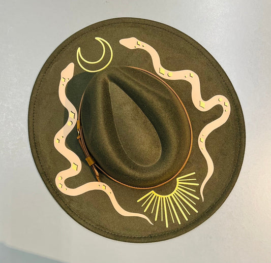 Fox & Fable - Vegan Felt Wide Brim Hat - XL Brim - Olive  - Western Snakes -  - 
