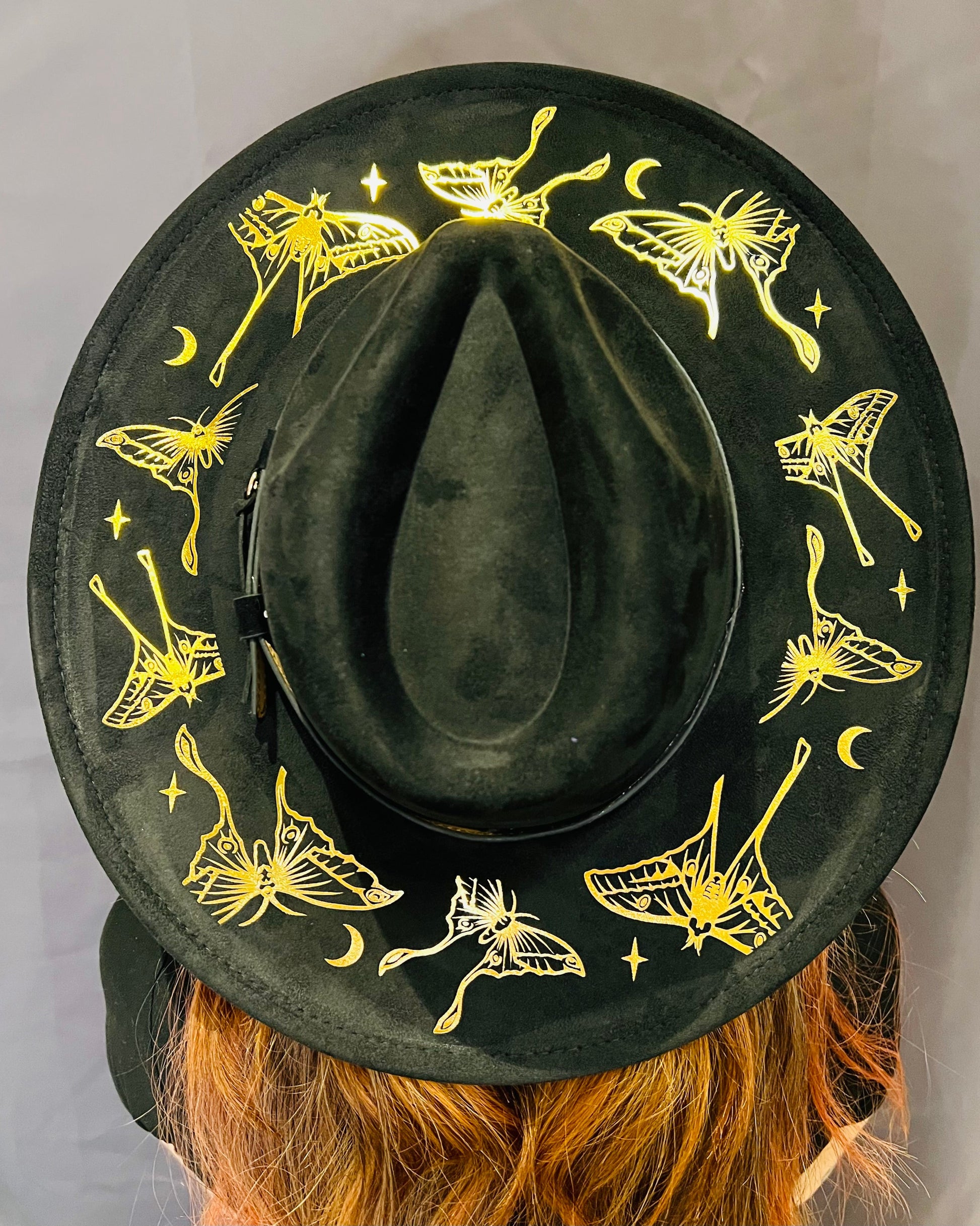 Vegan SUEDE Wide Brim Hat - XL Brim - Foiled Luna Moths -  - 