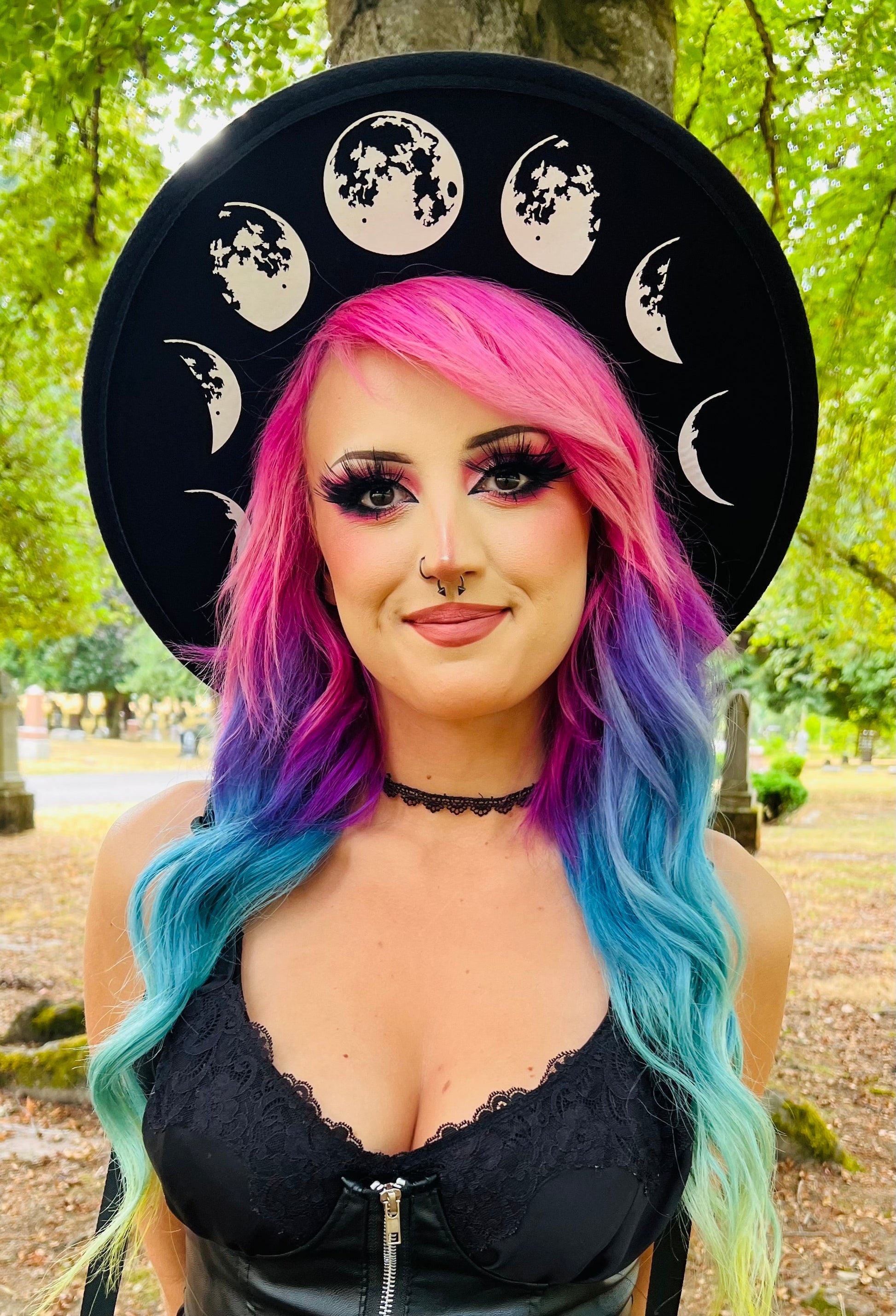 Vegan Felt Wide Brim Hat - Flat Top XL Brim - "large Moon Phase" -  - 
