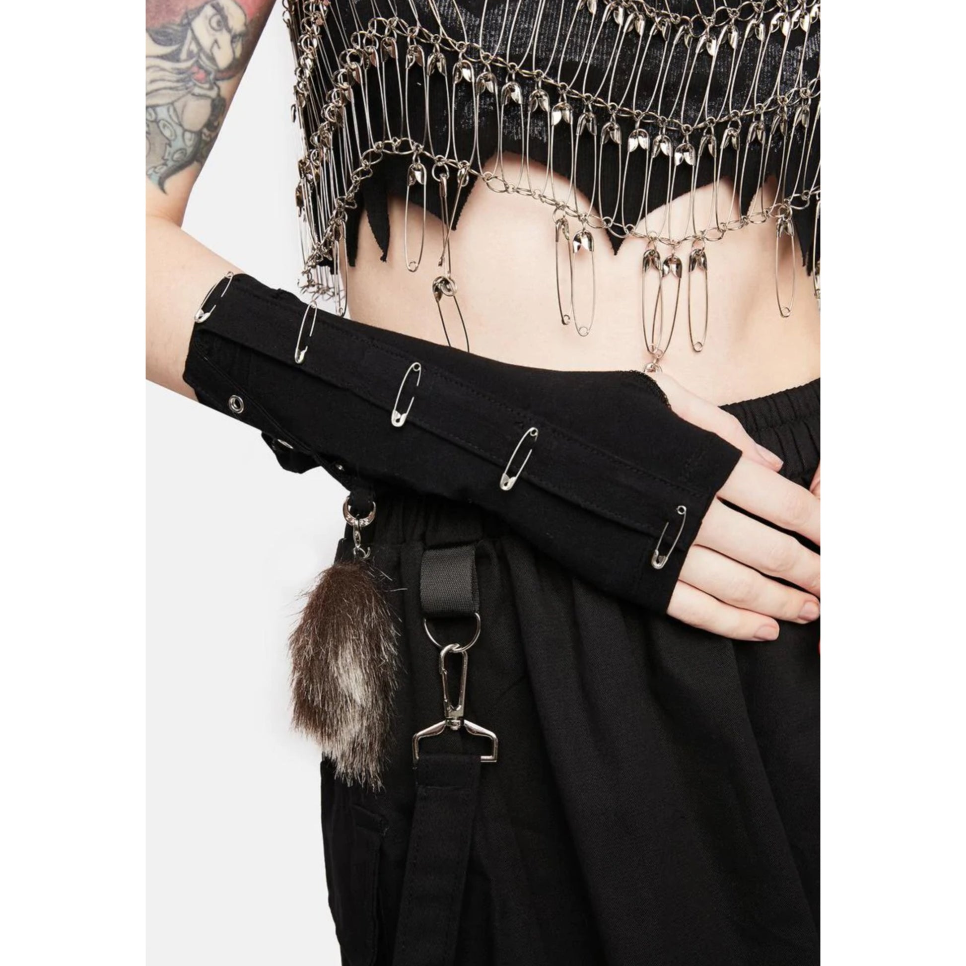 Tail Pin Arm Warmers | Black Brown Fingerless Gloves Grommet Straps Safety Pins Good Luck Tail - Tripp nyc - Arm Warmers