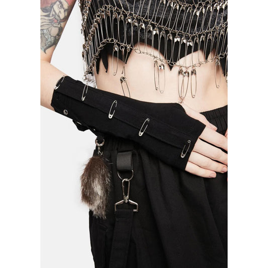 Tail Pin Arm Warmers | Black Brown Fingerless Gloves Grommet Straps Safety Pins Good Luck Tail - Tripp nyc - Arm Warmers