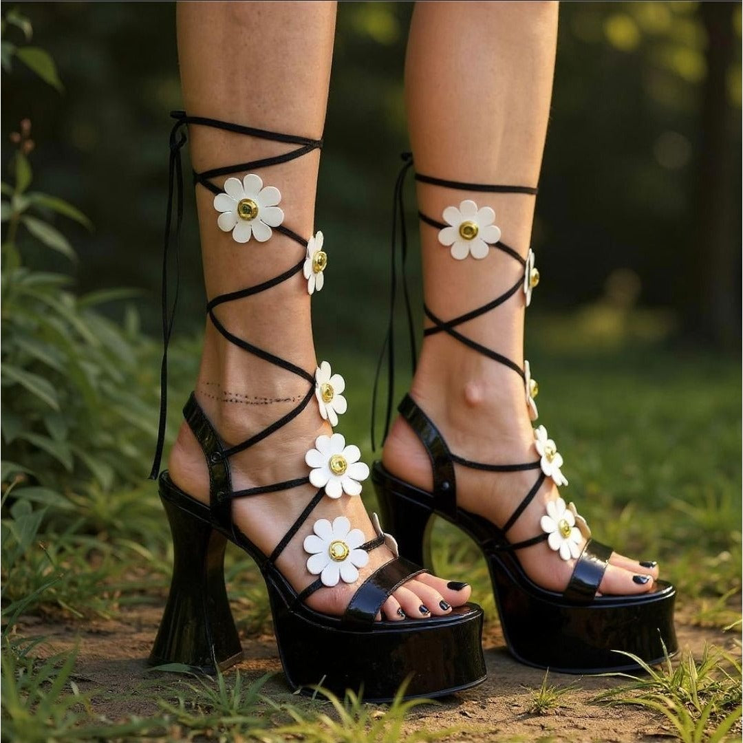 Daisy Pixie Queen Platform Sandals – Lace-Up Chunky Heels 7