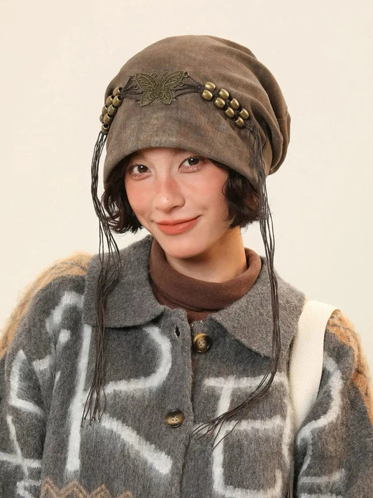 ‘Adventurer’ Wasteland Punk Tassel Hat – Grunge Streetstyle Beanie with Butterfly Detail -  - Beanies