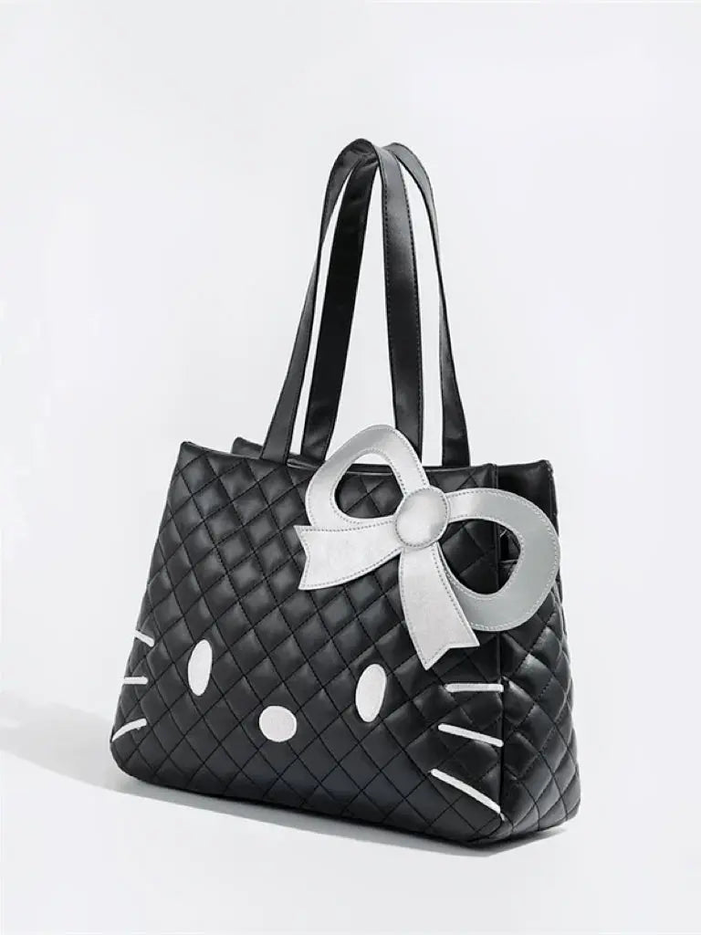 ‘Ain’t Cute’ Kawaii Kitty Handbag – Y2K Big Capacity PU Leather Purse with Ribbon Detail -  - Handbags