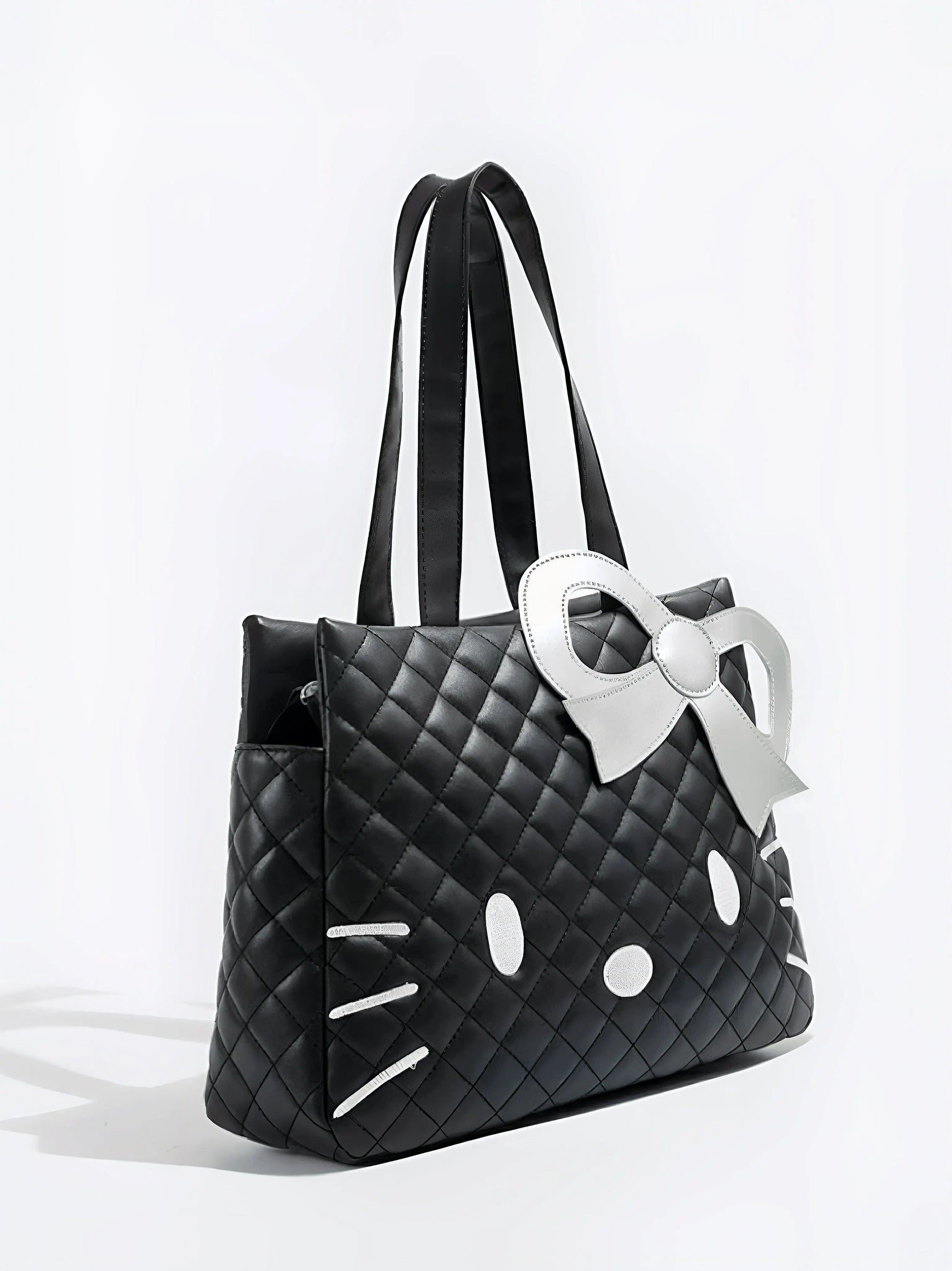 ‘Ain’t Cute’ Kawaii Kitty Handbag – Y2K Big Capacity PU Leather Purse with Ribbon Detail -  - Handbags