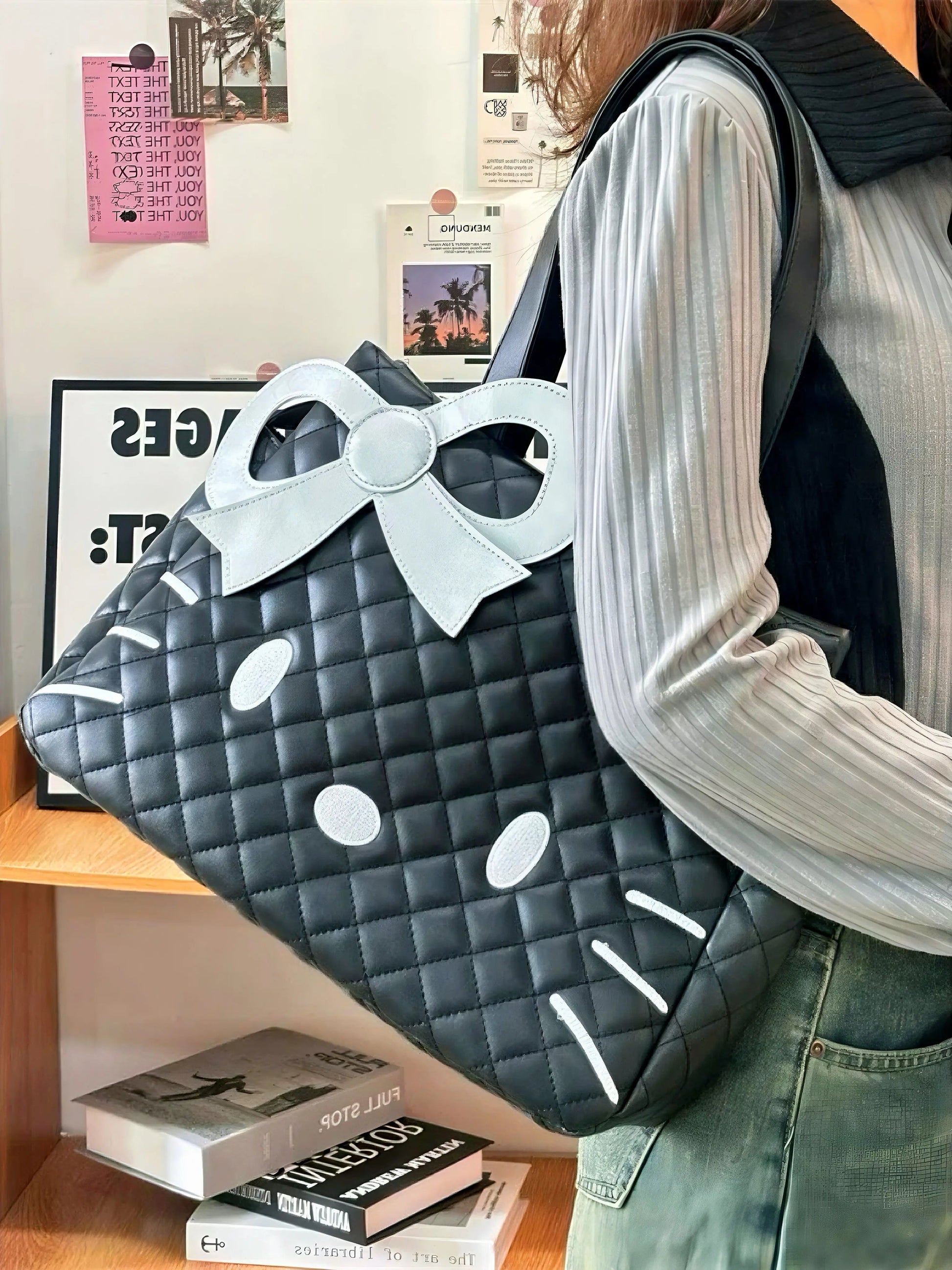 ‘Ain’t Cute’ Kawaii Kitty Handbag – Y2K Big Capacity PU Leather Purse with Ribbon Detail -  - Handbags