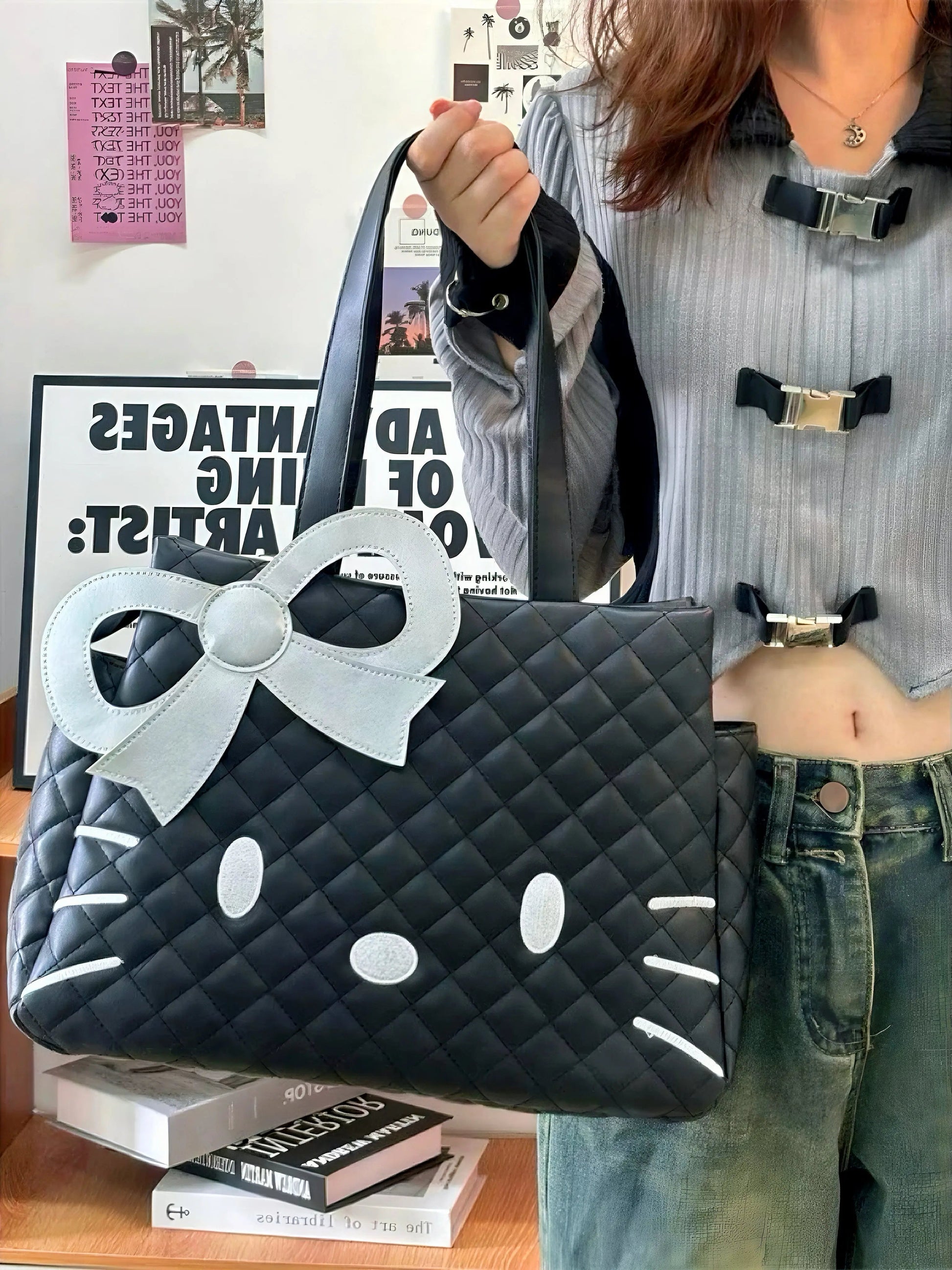 ‘Ain’t Cute’ Kawaii Kitty Handbag – Y2K Big Capacity PU Leather Purse with Ribbon Detail -  - Handbags