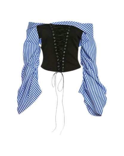 ‘Austin’ Office Siren Striped Set – Corset Long Sleeve Top & Matching Shorts for Blokecore Fall Fashion -  - Outfit