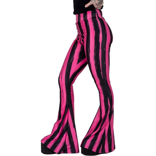 Pink & Black Striped High-Waisted Flared Pants XS