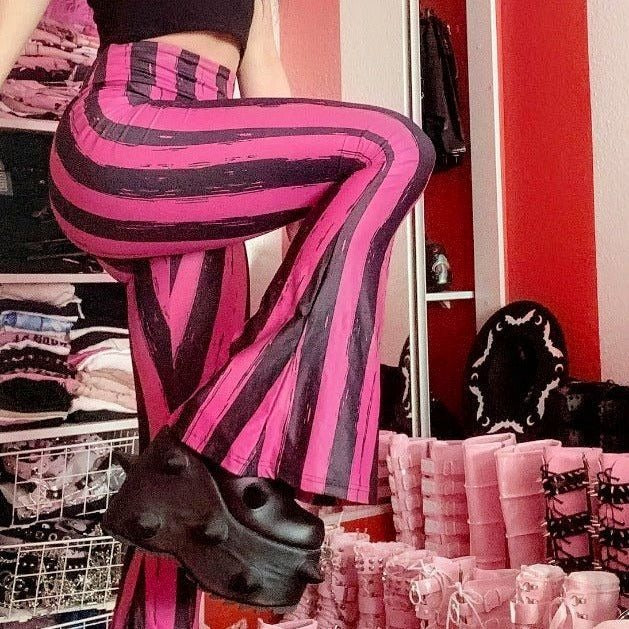 Pink & Black Striped High-Waisted Flared Pants XS