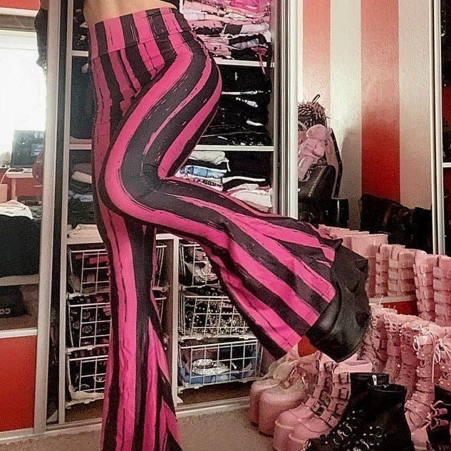 Pink & Black Striped High-Waisted Flared Pants XS