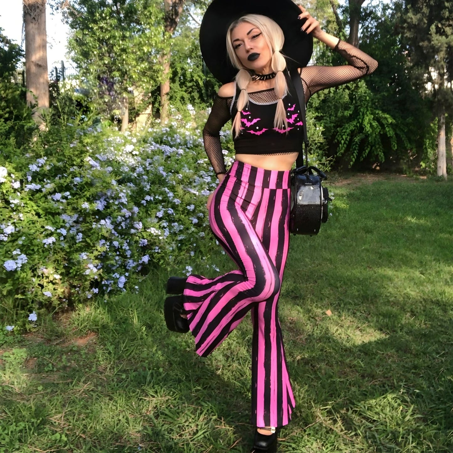 Pink & Black Striped High-Waisted Flared Pants XS