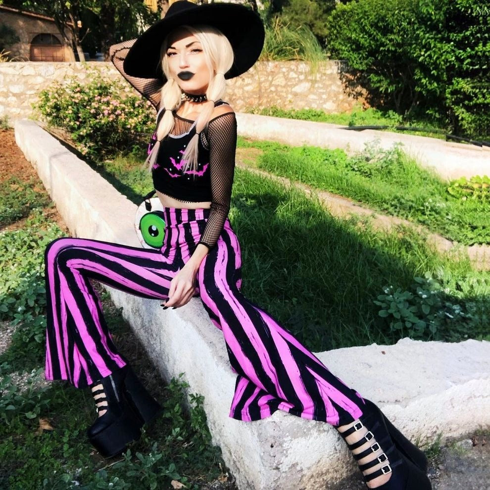 Pink & Black Striped High-Waisted Flared Pants XS