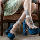 Holy Revelation Sapphire Velvet Platform Heels with Pearls & Chain Detail