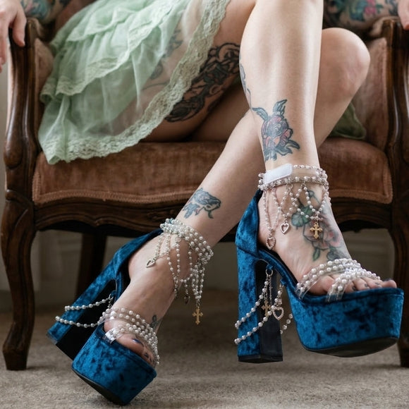 Holy Revelation Sapphire Velvet Platform Heels with Pearls & Chain Detail