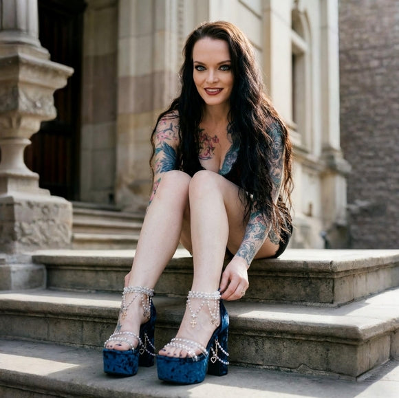 Holy Revelation Sapphire Velvet Platform Heels with Pearls & Chain Detail