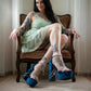 Holy Revelation Sapphire Velvet Platform Heels with Pearls & Chain Detail