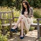 Holy Revelation Sapphire Velvet Platform Heels with Pearls & Chain Detail