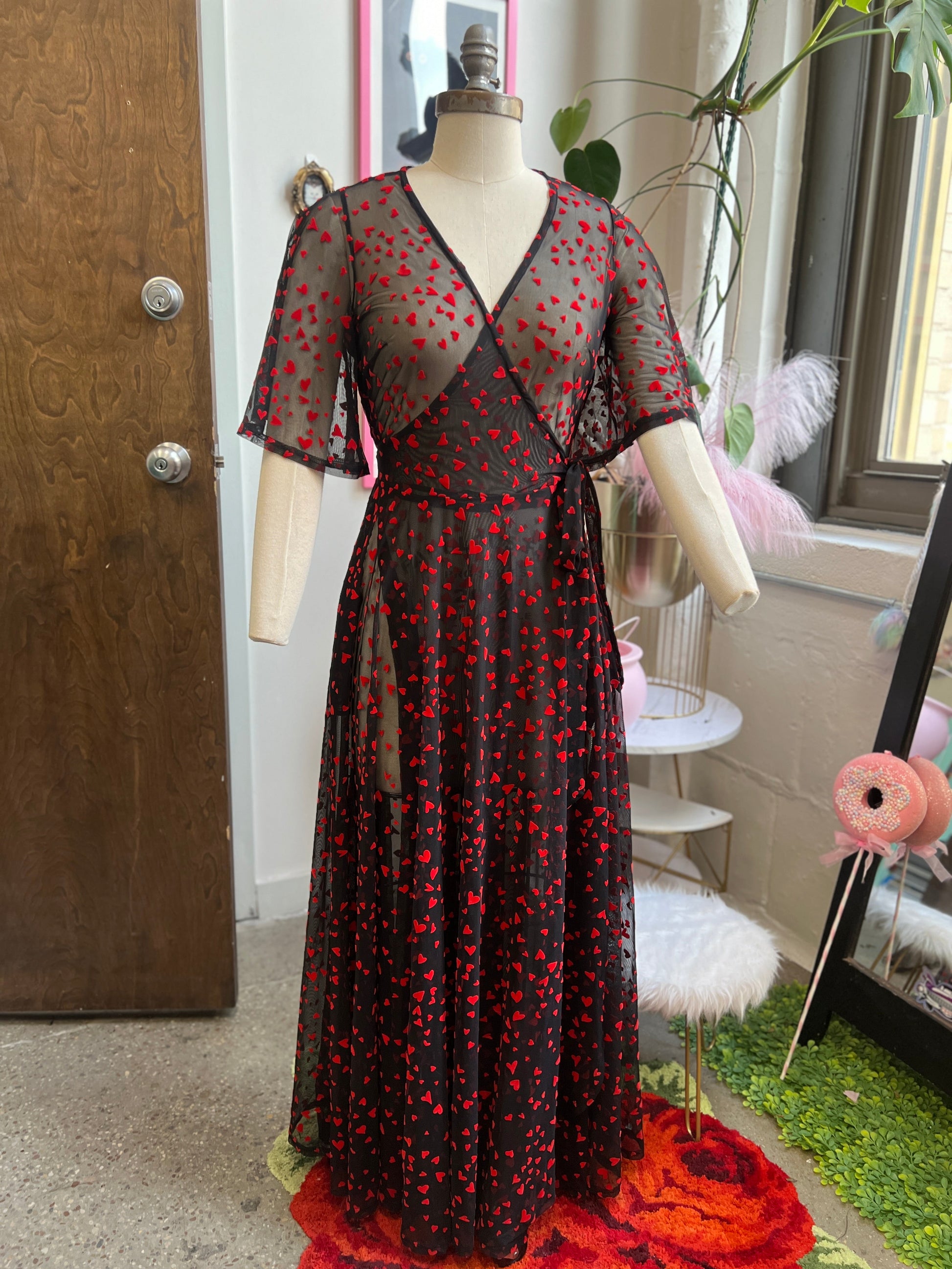 Lydia Wrap Dress in Black Queen of Hearts flocked mesh -  - Dresses