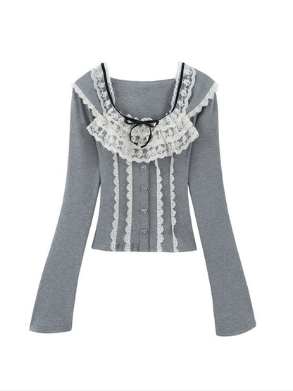 'Babe Lolita' Balletcore Lace Bowtie Shirt -  - Tops - Long Sleeve