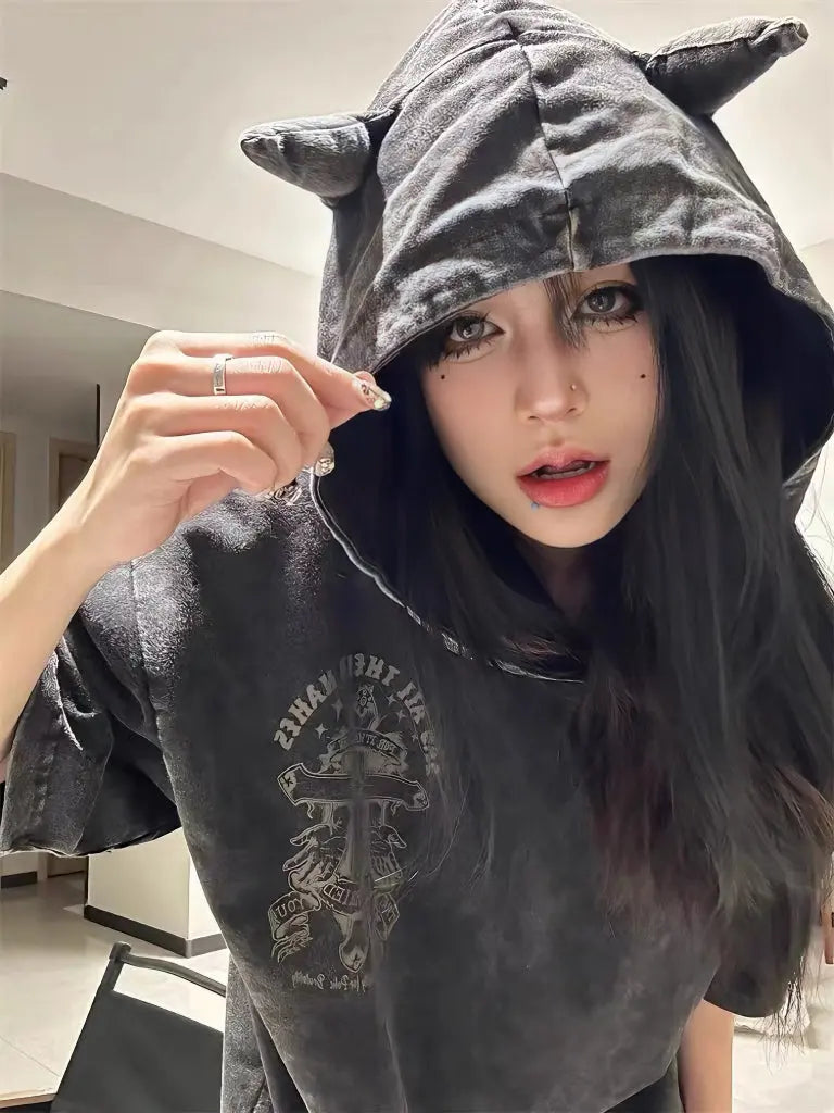 ‘Bad Nature’ Distressed Cat Ear Hoodie Shirt – Oversized Unisex Grunge Top for Darkwear & Punk Street Style -  - T-Shirts