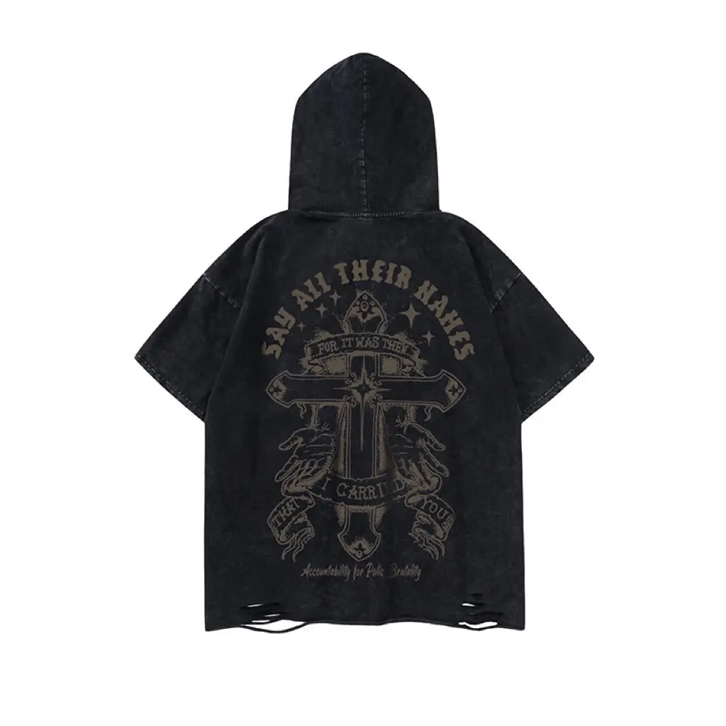 ‘Bad Nature’ Distressed Cat Ear Hoodie Shirt – Oversized Unisex Grunge Top for Darkwear & Punk Street Style -  - T-Shirts