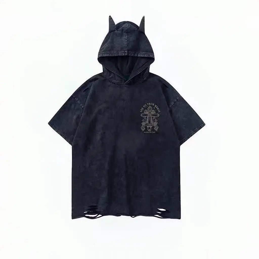 ‘Bad Nature’ Distressed Cat Ear Hoodie Shirt – Oversized Unisex Grunge Top for Darkwear & Punk Street Style -  - T-Shirts