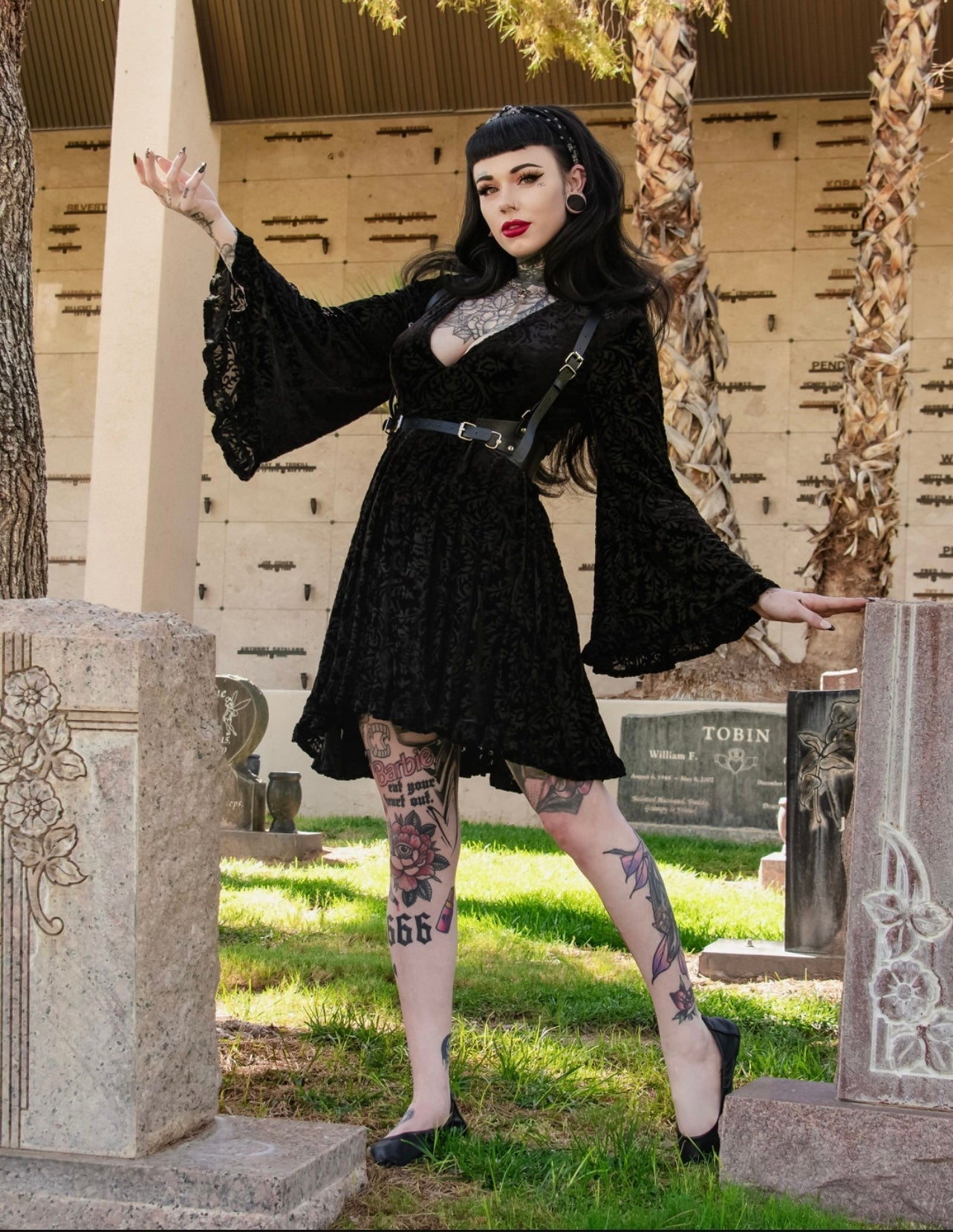 Nyx - Bell Sleeved Velvet Damask Dress with Harness - READY TO SHIP! -  - 