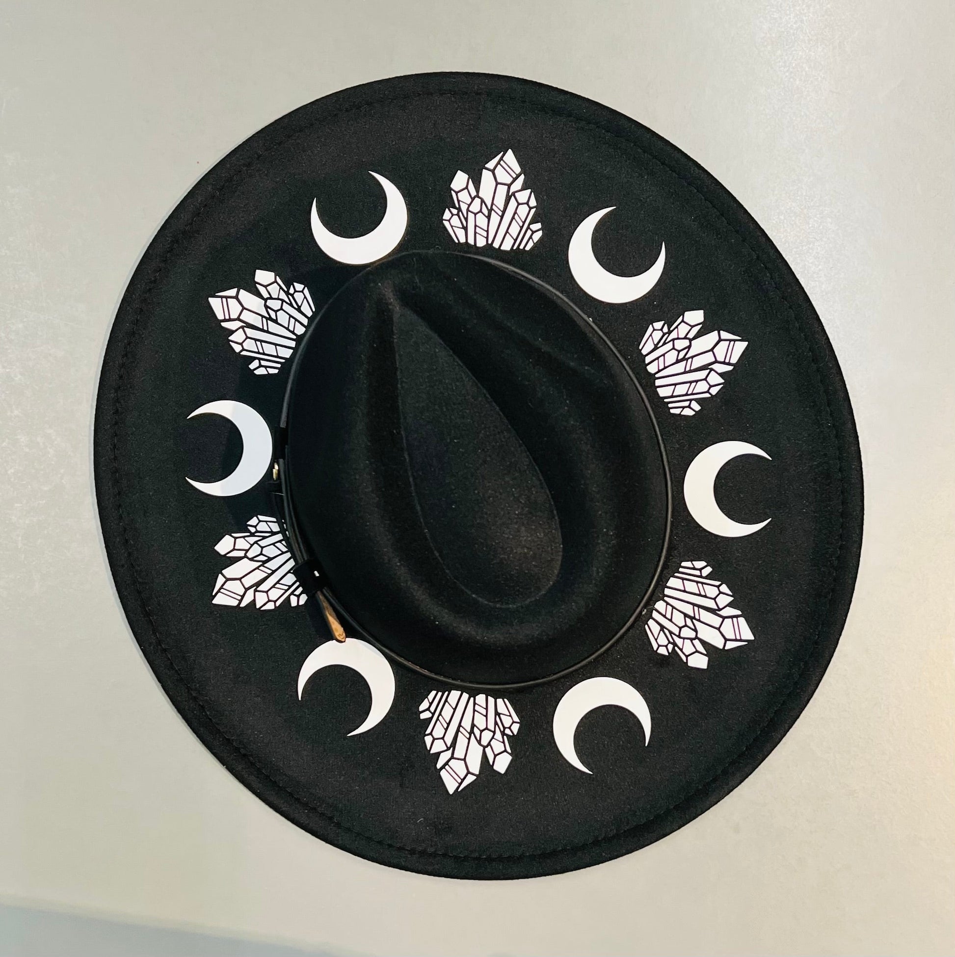 Vegan Felt Wide Brim Hat - XL Brim - Moon & Crystals -  - 