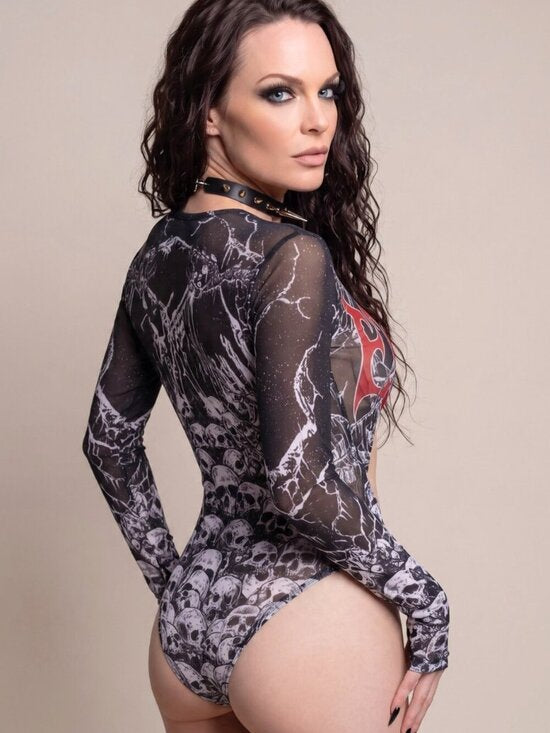 Widow Graveyard Anthem Skull Mesh Cut Out Long Sleeve Bodysuit Graphic XS