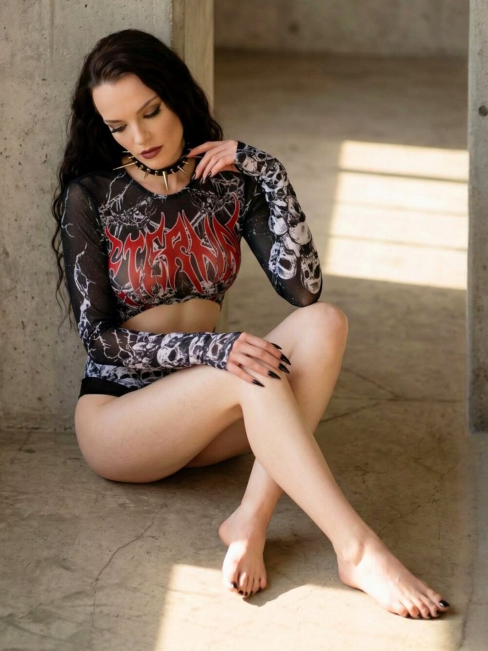 Widow Graveyard Anthem Skull Mesh Cut Out Long Sleeve Bodysuit Graphic XS