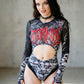 Widow Graveyard Anthem Skull Mesh Cut Out Long Sleeve Bodysuit Graphic XS