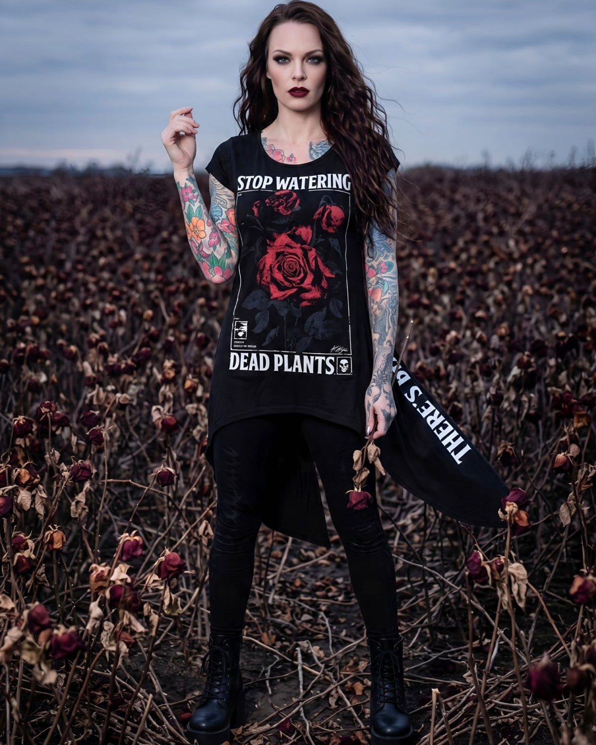 Killstar Dead Rose Stop Watering Dead Plants Slit Back Split Hem Tunic XS