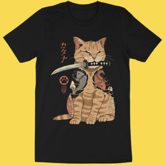 Catana Samurai Cat T-Shirt - Japanese Warrior Feline Tee - Alternative Anime Fashion